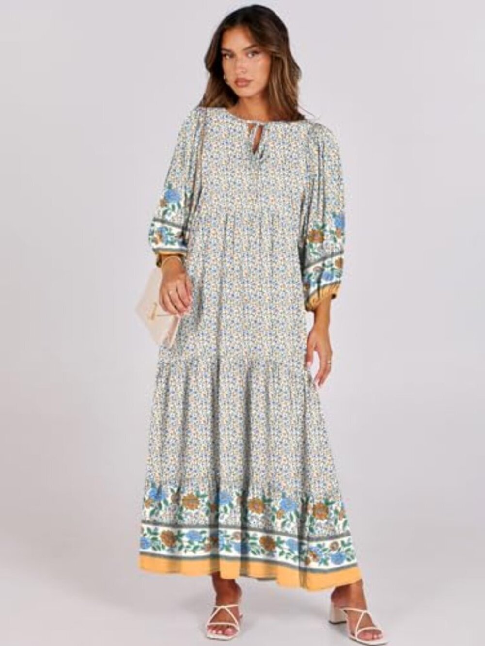 🆕 Womens Boho Maxi Dresses Summer V Neck Puff Sleeve Floral Flowy Swing Fall - Picture 5 of 6